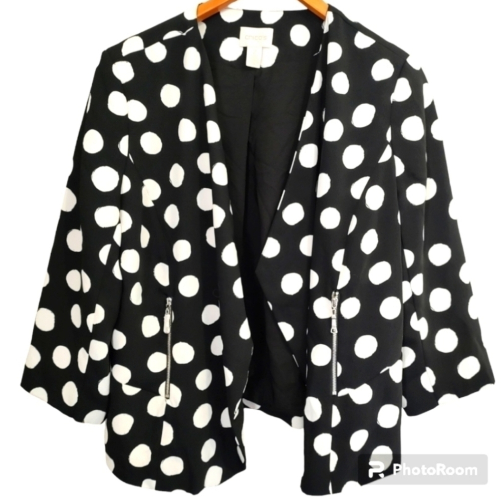 Chico's Black & White Polka Dot 3/4 Sleeve Blazer